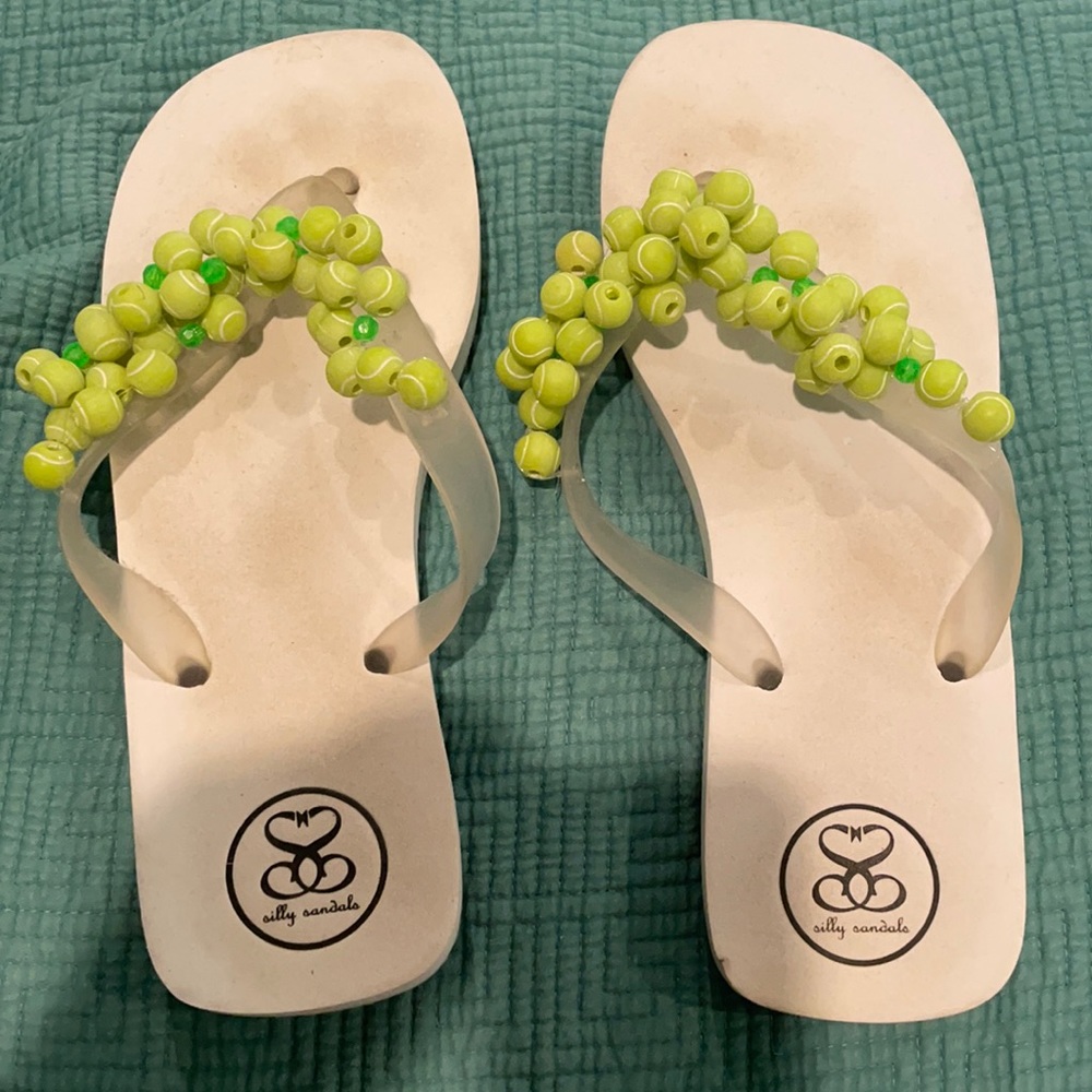 Tennis ball adorned flip flops
